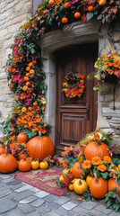 Pumpkins and autumn flowers decor, rustic modern decor of city street in fall. Happy Thanksgiving and Halloween.