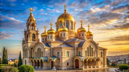 Majestic Orthodox church with golden domes and ornate facade, situated in Bethlehem, marking the birthplace of Jesus Christ with serene morning light.