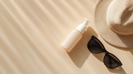 Sticker - Summer essentials featuring sun hat, sunglasses, and sunscreen lotion arranged on sandy surface