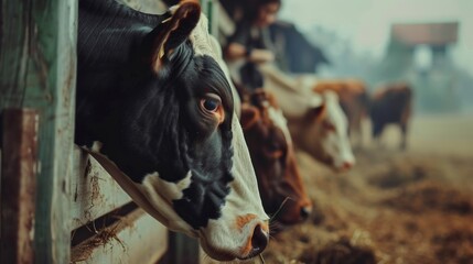 Poster - A cow is eating hay in a pen with other cows
