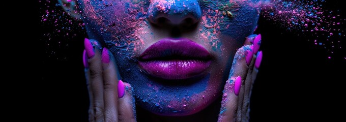 Black background, a beautiful woman with colorful powder on her face and hands, fashion beauty concept, a fashion model posing