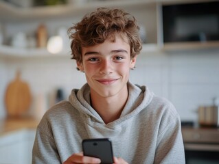 A young boy in a hoodie holds a cell phone, looking down at the screen