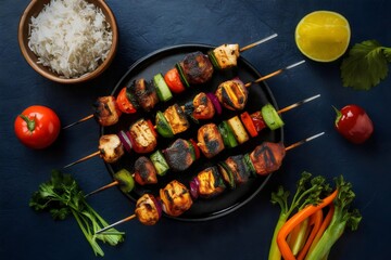 Grilled Lamb Kebab Skewers with Grilled Vegetables and Basmati Rice