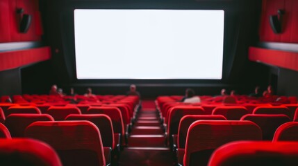 Rows of lush red theater seats await patrons in a dimly lit cinema, ready to present a film experience.