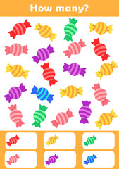 Wall Mural - Counting children game cartoon. I spy game for toddlers. Find and count candy. Counting educational activity for children and kids. Find and count objects worksheet.