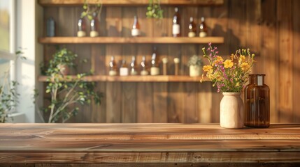 Wall Mural - Wooden table for product display in living room interior.