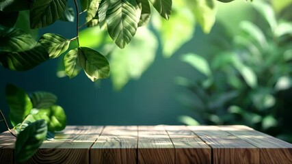 Poster - Sunlight filtering through leaves onto wooden table in natural setting