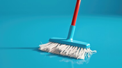 Wall Mural - A close-up shot of a broom with a bright red handle sitting on a blue background