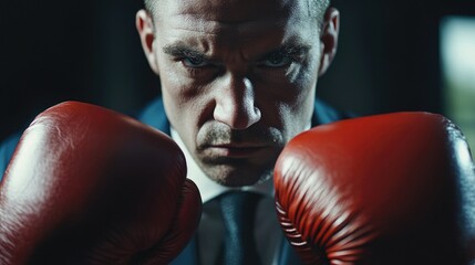 A professional business person in a suit and tie with red boxing gloves, ready for an unconventional fight or meeting