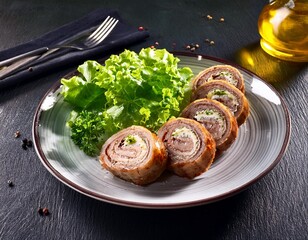 Wall Mural - Gourmet Presentation: Roulade Slices with Fresh Greens