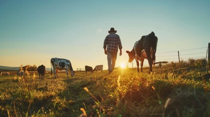Poster - A man is walking through a field with cows