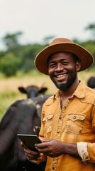 Poster - A man wearing a straw hat and a yellow shirt is smiling and holding a tablet