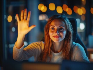 A woman sitting in front of a computer, waving her hand for emphasis or demonstration