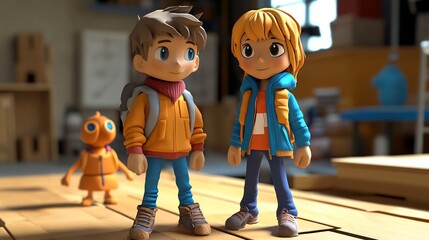 Two Cartoon Characters Standing On Wooden Floor