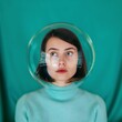 © auc - young woman with glass dome on head looking up, contemplative expression, surreal portrait, blue and green backdrop, abstract concept.
