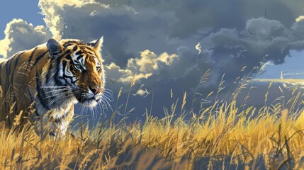 Poster - Tiger in the Golden Grass Under a Dramatic Sky