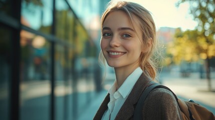 A woman stands in front of a building, holding a backpack and looking ready for adventure