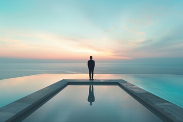 Poster - A person standing at the edge of a swimming pool, with water and possibly sun in background