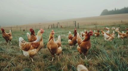 Poster - A group of chickens are standing in a field