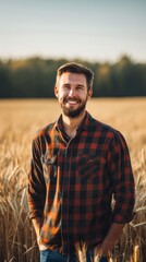 A man with a beard and a plaid shirt is smiling in a field of wheat