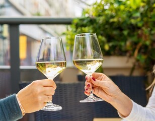 Amigos con una copa de vino brindando en una terraza al sol 