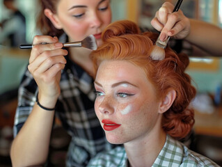 Two women are getting their hair done. One woman is getting her hair styled and the other is applying makeup