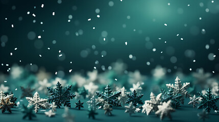 Wall Mural - Christmas green background with snowflakes and place for text