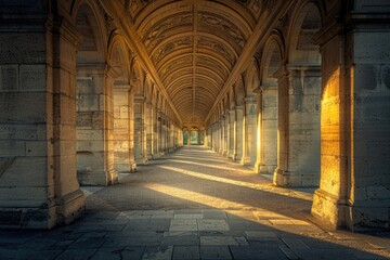 Aufkleber - A long hallway with columns and a clock on the wall, perfect for interior design or architecture images