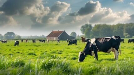 Poster - A herd of cows graze in a field next to a farmhouse