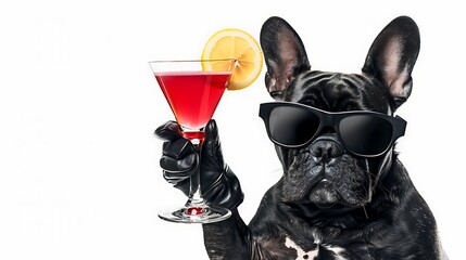 A french bulldog wearing black leather gloves and sunglasses holds up an elegant red cocktail with lemon against a white background