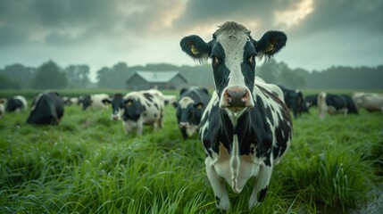 A cow is standing in a field with other cows