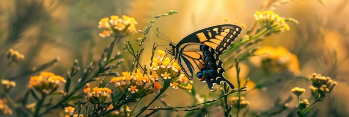 Wall Mural - Carefree summer delight Vibrant yellow and black butterfly fluttering above wild grass blooms sipping sweet nectar and spreading pollen