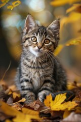 Canvas Print - A small kitten sits on top of a pile of leaves, surrounded by nature