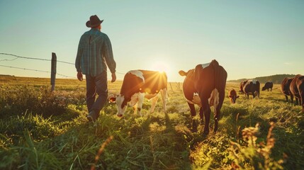 Poster - A man is walking through a field with cows grazing