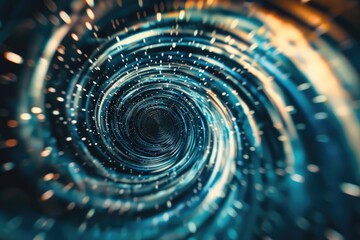 Poster - A mesmerizing light display in a darkened room, featuring a spiral pattern with alternating blue and yellow hues