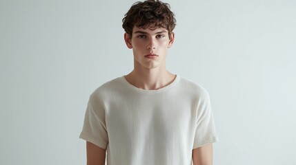 Wall Mural - Young man poses thoughtfully in a minimalistic studio setting during bright daylight hours