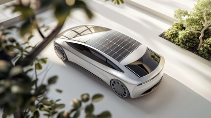 Wall Mural - Develop a 3D model of an eco-friendly electric car. Emphasize its sleek design, solar panels on the roof, and a modern, minimalist interior.