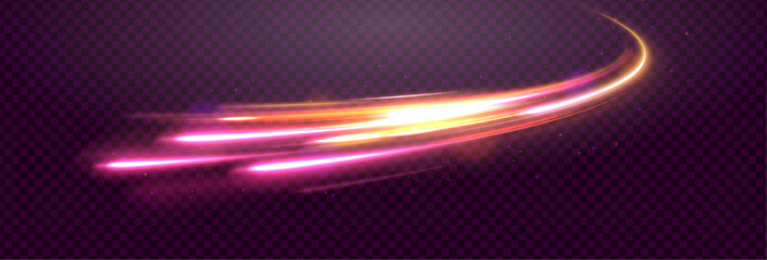 Fototapete - Bright glowing line of new technologies on dark background in neon colors. Beautiful glow light flare and spark. Dynamic abstract vector art with flowing lines in vibrant pink, purple.