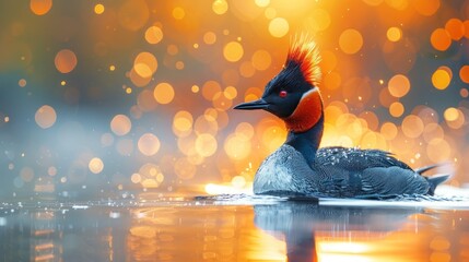 Wall Mural - Red-necked Grebe in Golden Bokeh