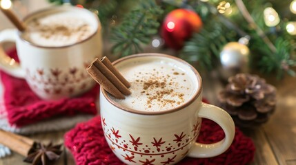 Wall Mural - Eggnog served in festive mugs, topped with nutmeg and a cinnamon stick.