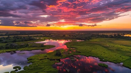 Wall Mural - Aerial view of colorful sunset over peaceful river landscape