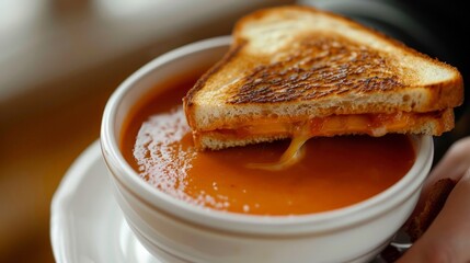 Wall Mural - Enjoying a bowl of creamy tomato soup, perfect for dipping a grilled cheese sandwich.