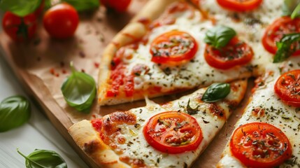 Poster - Enjoying a slice of thin-crust pizza topped with fresh mozzarella, basil, and ripe cherry tomatoes.