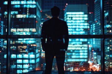 Aufkleber - A person stands in front of a window, gazing out at the city lights at nighttime