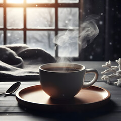 A Steaming Cup of Hot Coffee on the Table, with a Snowy Background