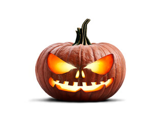 Wall Mural - A single lit spooky halloween carved pumpkin, Jack O Lantern with evil face and eyes isolated against a transparent background.