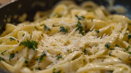 Canvas Print - Experimenting with a new pasta recipe, tossing it in a creamy sauce with herbs and Parmesan cheese.