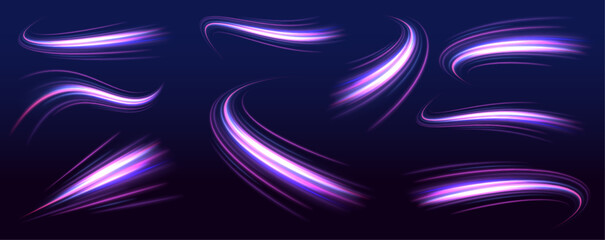 Poster - Set of neon blurry light circles at motion. Futuristic neon ribbons illustration, great for eye-catching graphics. Sleek luminous streaks design, fitting for high-energy themes. 