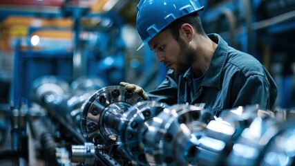 Wall Mural - A worker replacing worn-out parts in a factory machine, emphasizing industrial upkeep