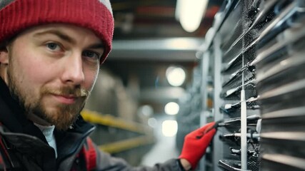 Wall Mural - A worker replacing a filter in an HVAC system, highlighting routine maintenance